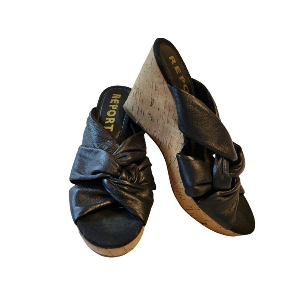 Report Kent Black Leather Twisted Knot Cork Wedge Heels - Mules / Sandals - 8